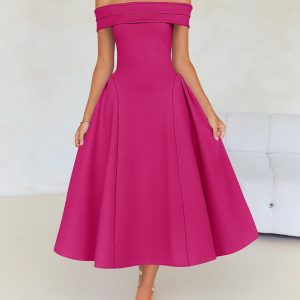 ZESICA Cocktail Dresses for Women's Elegant Off Shoulder Short Sleeve Swing A Line Wedding Evening Party Midi Dress