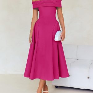 ZESICA Cocktail Dresses for Women's Elegant Off Shoulder Short Sleeve Swing A Line Wedding Evening Party Midi Dress