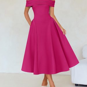 ZESICA Cocktail Dresses for Women's Elegant Off Shoulder Short Sleeve Swing A Line Wedding Evening Party Midi Dress