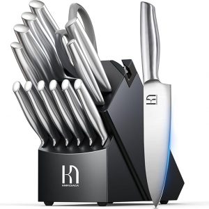 Knife Set Premium, Japanese 14 Pcs Kitchen Knife Block Set Enduring Razor Sharp High Carbon Stainless Steel, Black Chef Knives Set with Built-in Sharpener and Quality Acacia Wood Block