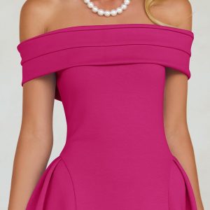 ZESICA Cocktail Dresses for Women's Elegant Off Shoulder Short Sleeve Swing A Line Wedding Evening Party Midi Dress