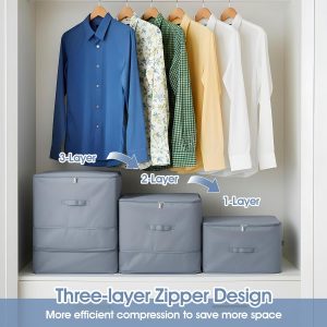 Ultra Space Saving 3-Layer Zipper Compression Storage Bags Large Capacity Heavy Duty Satin Fabric Organizer for Comforters Blankets Bedding and Seasonal Clothing (Gray, X-Large 2PCS)