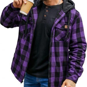 Men's Thick Fleece Plaid Jacket Flannel Shirts Sherpa Lined Full Zip Up Hoodie Winter Coat with Pockets