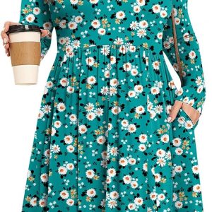 POSESHE Women's Plus Size Dresses Long Sleeves Crew Neck Casual Dresses Empire Waist Loose Flowy Dress with Pockets
