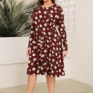 POSESHE Women's Plus Size Dresses Long Sleeves Crew Neck Casual Dresses Empire Waist Loose Flowy Dress with Pockets