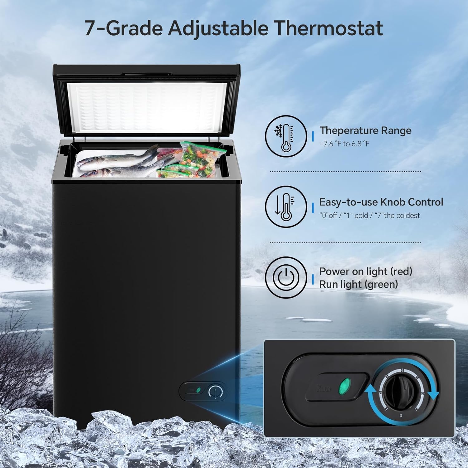 Kismile 3.5 Cubic Feet Chest Freezer with 2 Removable Baskets Free Standing Top Open Door Compact Deep Freezer with Adjustable Temperature for Home/Kitchen/Office/Bar (3.5 Cubic Feet, Black) - Image 4