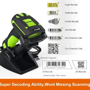 Alacrity 2D Industrial Wireless Barcode Scanner with Charging Stand, Bluetooth Drop Resistant, 1968 Feet Transmission Distance 433Mhz QR 1D Bar Code Reader