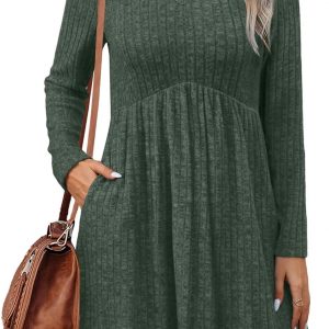 OFEEFAN Long Sleeve Sweater Dress Fall Dresses 2025 V Neck Empire Waist Baby Doll Dresses Women Casual Dress with Pockets