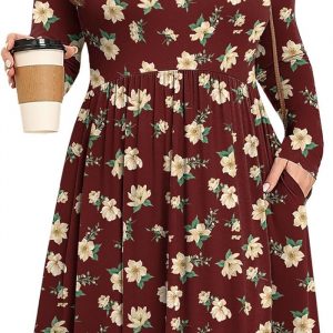 POSESHE Women's Plus Size Dresses Long Sleeves Crew Neck Casual Dresses Empire Waist Loose Flowy Dress with Pockets
