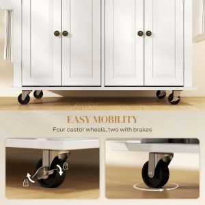 HOMCOM Kitchen Island Cart with Rubber Wood Top, Rolling Kitchen Island Table on Wheels with Drawers, Adjustable Shelves, Spice Rack and Towel Rack for Dining Room, White