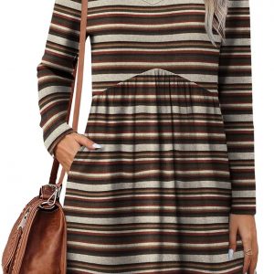 OFEEFAN Long Sleeve Sweater Dress Fall Dresses 2025 V Neck Empire Waist Baby Doll Dresses Women Casual Dress with Pockets