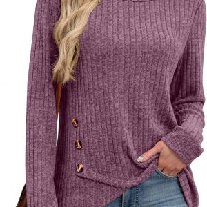 XIEERDUO Tunic Sweaters for Women Long Sleeve Shirts Crew Neck Tops with Buttons Fall Fashion Outfits Winter Clothing