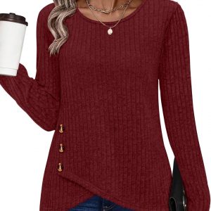 XIEERDUO Tunic Sweaters for Women Long Sleeve Shirts Crew Neck Tops with Buttons Fall Fashion Outfits Winter Clothing