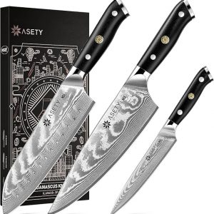 Damascus Kitchen Knife Set 3 PCS: NSF Food-Safe Japanese Knives with VG10 Steel Core, Ultra-Sharp Professional Chef Knife Set and Full Tang G10 Handle, Elegant Box