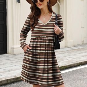 OFEEFAN Long Sleeve Sweater Dress Fall Dresses 2025 V Neck Empire Waist Baby Doll Dresses Women Casual Dress with Pockets