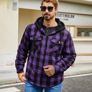 Men's Thick Fleece Plaid Jacket Flannel Shirts Sherpa Lined Full Zip Up Hoodie Winter Coat with Pockets