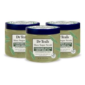 Dr Teal's Exfoliante corporal de azúcar de karité, aceite de semilla de cáñamo de cannabis sativa con aceites esenciales, 19 onzas (paquete de 3)