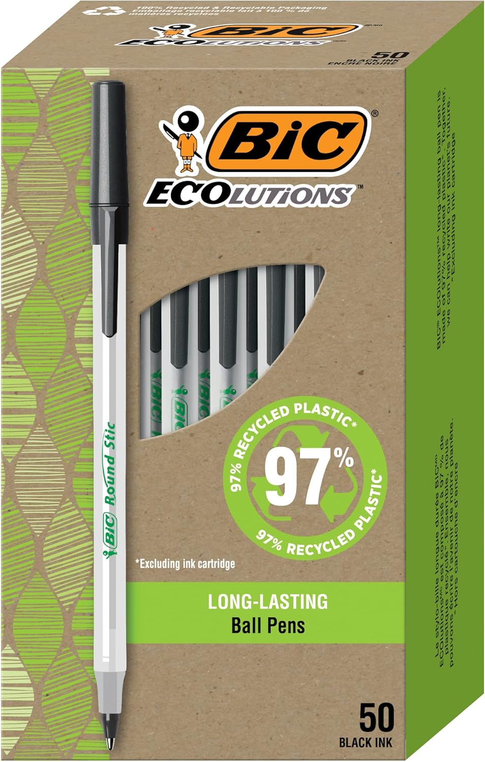 BIC Ecolutions Round Stic Ballpoint Pens, Medium Point (1.0mm), 50-Count Pack, Black Ink Pens Made from 97% Recycled Plastic - Image 2