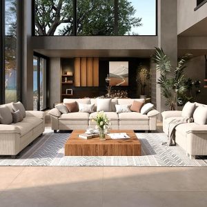 3 Piece Living Room Sofa Furniture Set, Corduroy Modular 2 Loveseat and 3-Seat Couch with Pillow, Oversized 7-Seat Modern Sectional Cloud Deep Sofa for Apartment, Beige