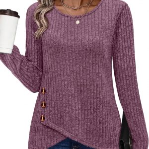 XIEERDUO Tunic Sweaters for Women Long Sleeve Shirts Crew Neck Tops with Buttons Fall Fashion Outfits Winter Clothing