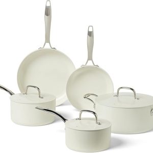 Amazon Basics Ceramic Nonstick Cookware, 8-Piece Set of Pots and Pans, Dishwasher and Oven-Safe, All Cooktop Friendly, Ivory