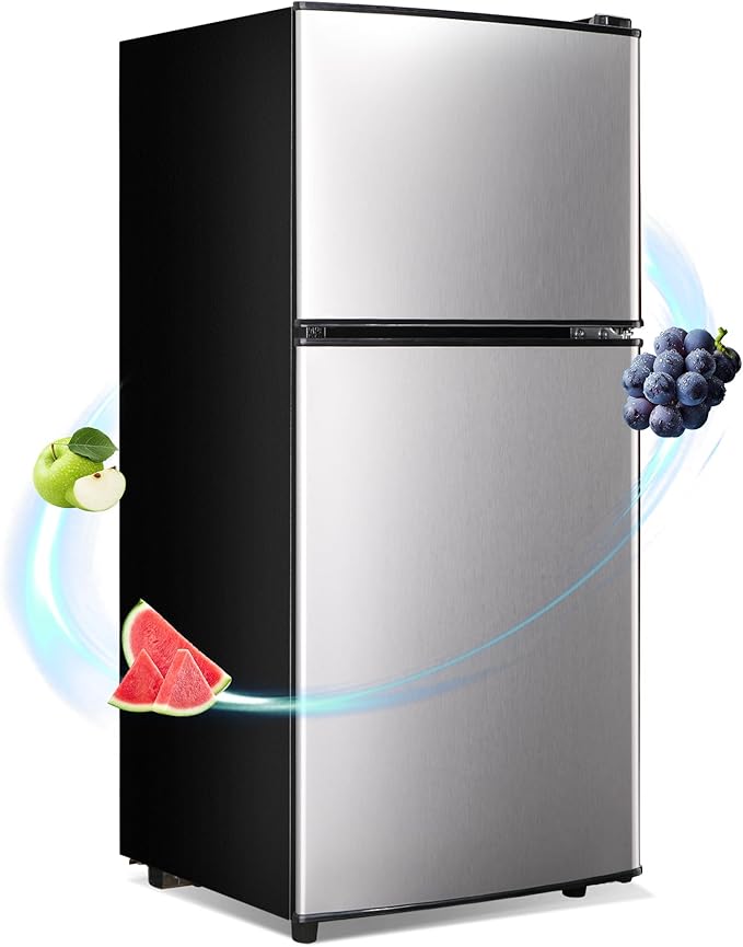 Apartment Size Refrigerator, 3.6 Cu.Ft Small Refrigerator with Freezer Suitable for Apartment, Office, Kitchen, Dorm, Compact Fridge with 7 Temperature Modes, Double Door, Silver