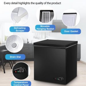 Compact Chest Freezer, 5.0 Cu Ft Deep Freezer with Removable Storage Basket, Mini Freezer with 7 Temperature Levels Thermostat, Black Top Open Door Freezer Ideal for Home, Kitchen & Office