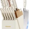 Astercook Juego de cuchillos de cocina con bloque, 14 piezas, cuchillos de acero inoxidable de espiga completa con afilador, aptos para lavavajillas y mango ergonómico antideslizante, elegante juego