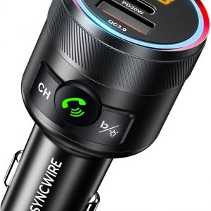 Syncwire Bluetooth 5.4 FM Transmitter for Car, 38W PD&QC3.0 Dual USB Charging Bluetooth Car Adapter Microphone & Bass Sound MP3 Music Player FM Kit with Hands-Free Calling
