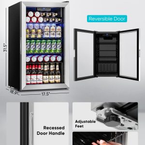 Beverage Refrigerator Cooler - 126 Can Mini Fridge Glass Door for Drinks Soda Beer Wine - Small Refrigerator for Office Bedroom Home Bar, 4 Adjustable Shelves, 3.2 Cu.Ft, Silver