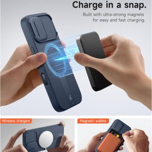 SURITCH for iPhone 17 Case with Camera Control Cover, Camera Slide Cover and Adjustable Kickstand, Compatible with MagSafe, Shockproof Bumper Protective Cases 6.3 Inch, Blue