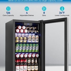 Beverage Refrigerator Cooler - 126 Can Mini Fridge Glass Door for Drinks Soda Beer Wine - Small Refrigerator for Office Bedroom Home Bar, 4 Adjustable Shelves, 3.2 Cu.Ft, Silver