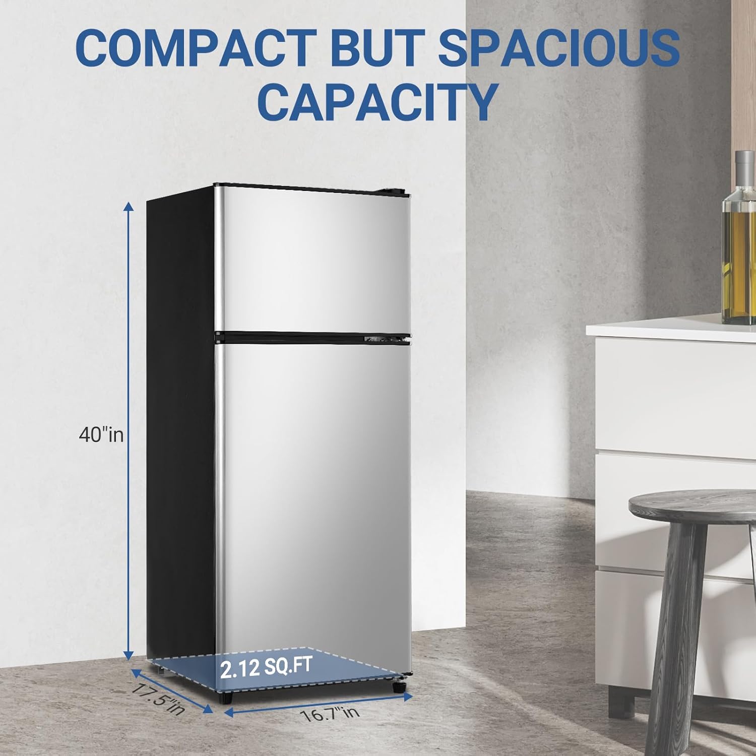 Apartment Size Refrigerator, 3.6 Cu.Ft Small Refrigerator with Freezer Suitable for Apartment, Office, Kitchen, Dorm, Compact Fridge with 7 Temperature Modes, Double Door, Silver - Image 3