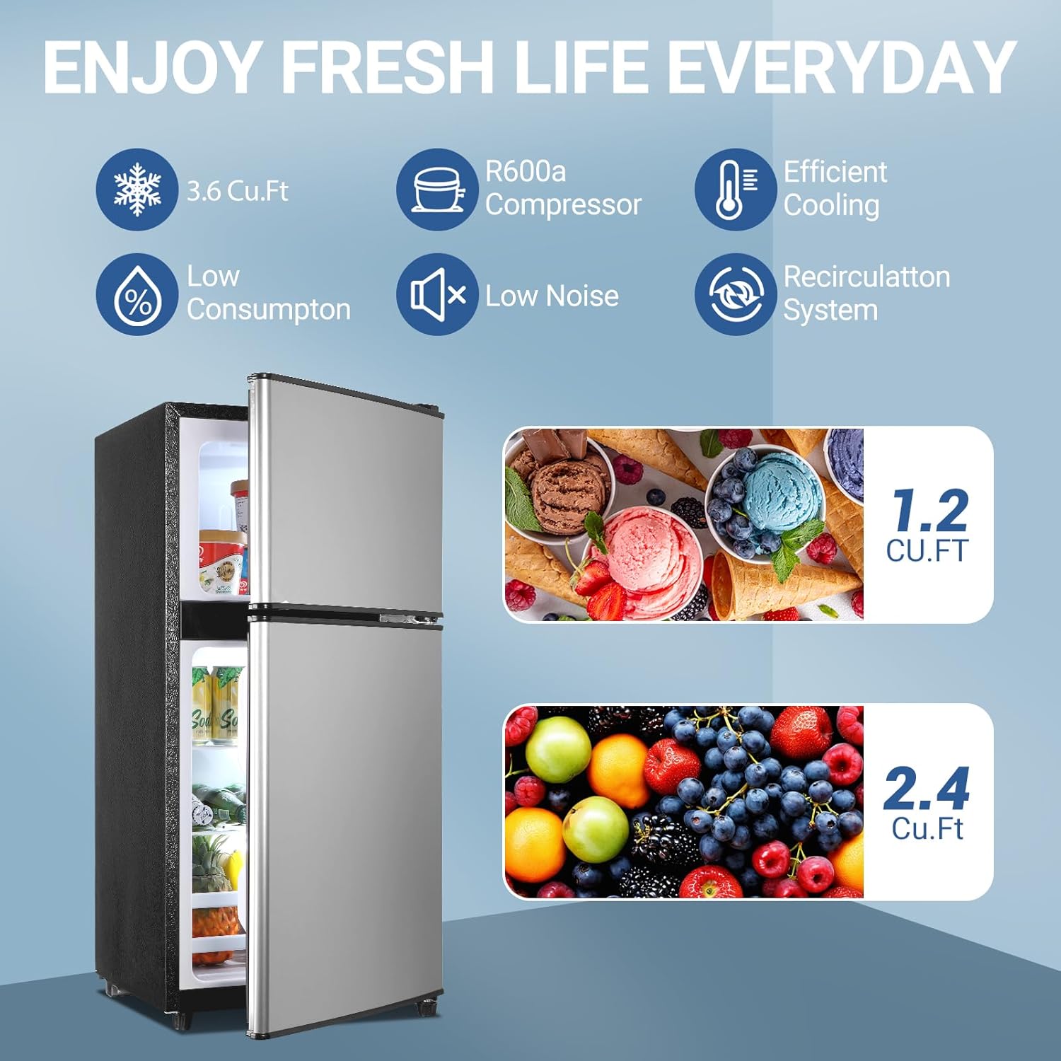 Apartment Size Refrigerator, 3.6 Cu.Ft Small Refrigerator with Freezer Suitable for Apartment, Office, Kitchen, Dorm, Compact Fridge with 7 Temperature Modes, Double Door, Silver - Image 4
