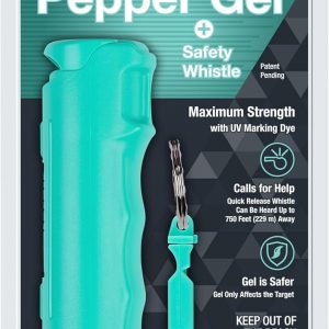 SABRE 2-in-1 Pepper Gel with Detachable Safety Whistle Keychain, 3X longer spray time, 12-Foot, Whistle for Help and Can Be Heard Up to 750 Feet, UV Marking Dye, Ergonomic Finger Grip, Flip Top Safety