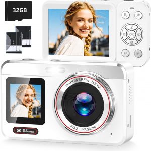 Digital Camera, 5K Vlogging Camera for Photography, 80MP Dual Screen Point and Shoot Digital Camera with Auto Focus, 18X Zoom, Flash, 2 Batteries, 32GB Card for Teens and Adults (White)