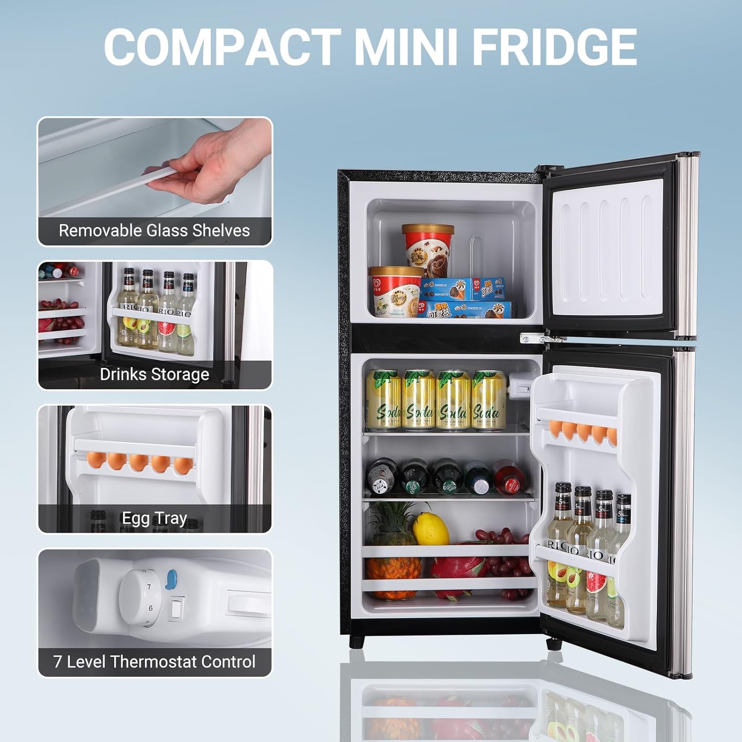 Apartment Size Refrigerator, 3.6 Cu.Ft Small Refrigerator with Freezer Suitable for Apartment, Office, Kitchen, Dorm, Compact Fridge with 7 Temperature Modes, Double Door, Silver - Image 8