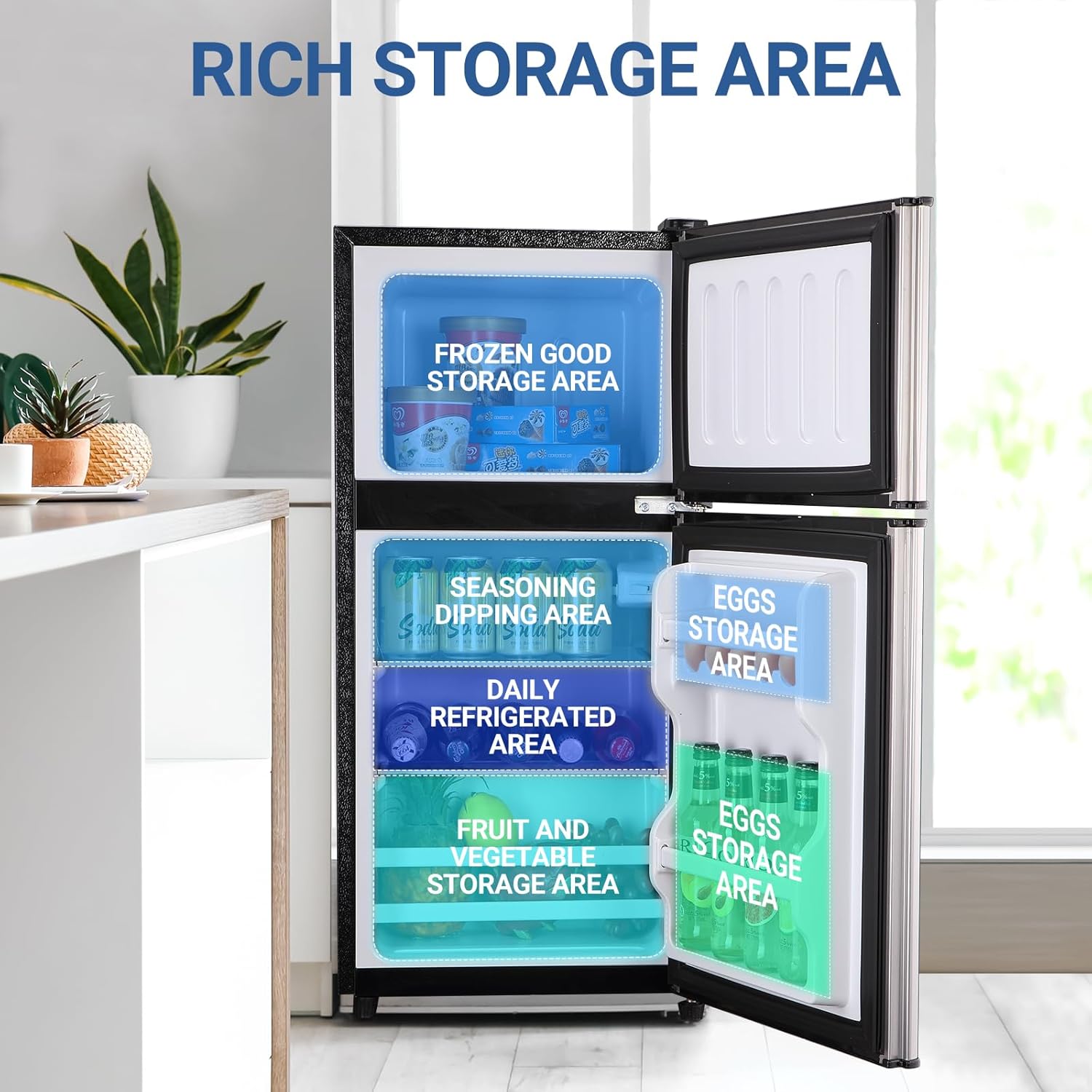 Apartment Size Refrigerator, 3.6 Cu.Ft Small Refrigerator with Freezer Suitable for Apartment, Office, Kitchen, Dorm, Compact Fridge with 7 Temperature Modes, Double Door, Silver - Image 6