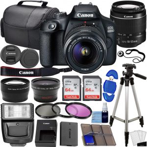 Canon EOS 4000D / Rebel T100 DSLR Camera w/EF-S 18-55mm f/3.5-5.6 Lens 3 Lens Kit Bundled with 128GB Memory + Wide Angle Lens + Telephoto Lens + Flash + More (Renewed) Black